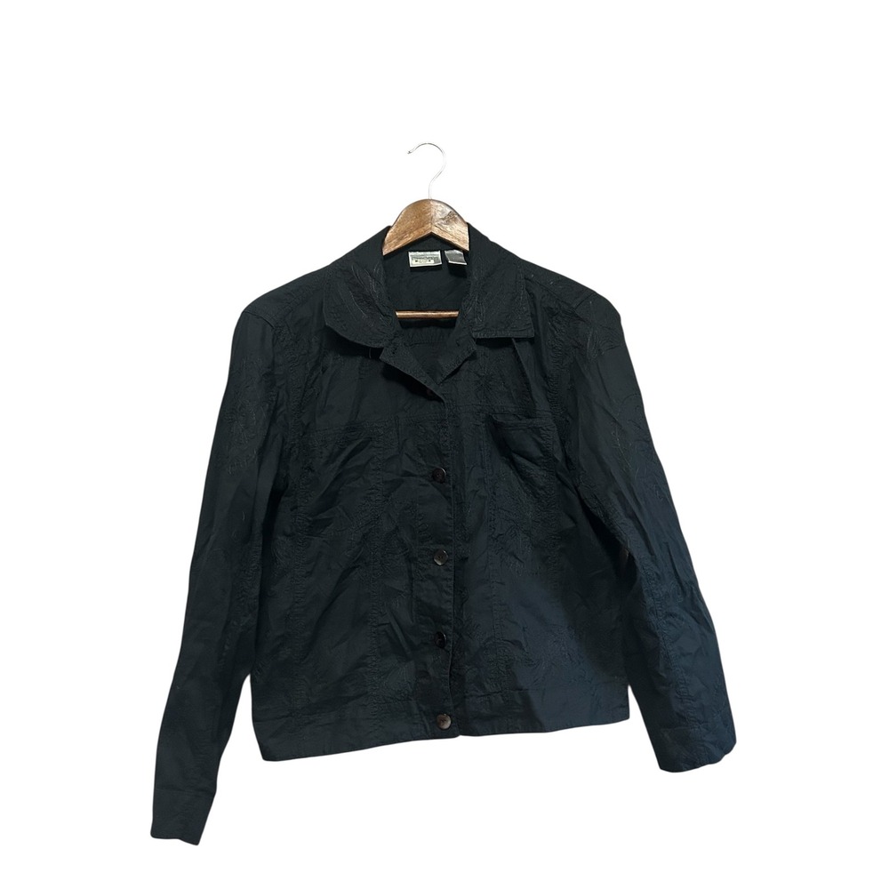 Chicos Black Embroidered Cotton Button Down Jacket‎ Top Womens Sz 1 Blazer